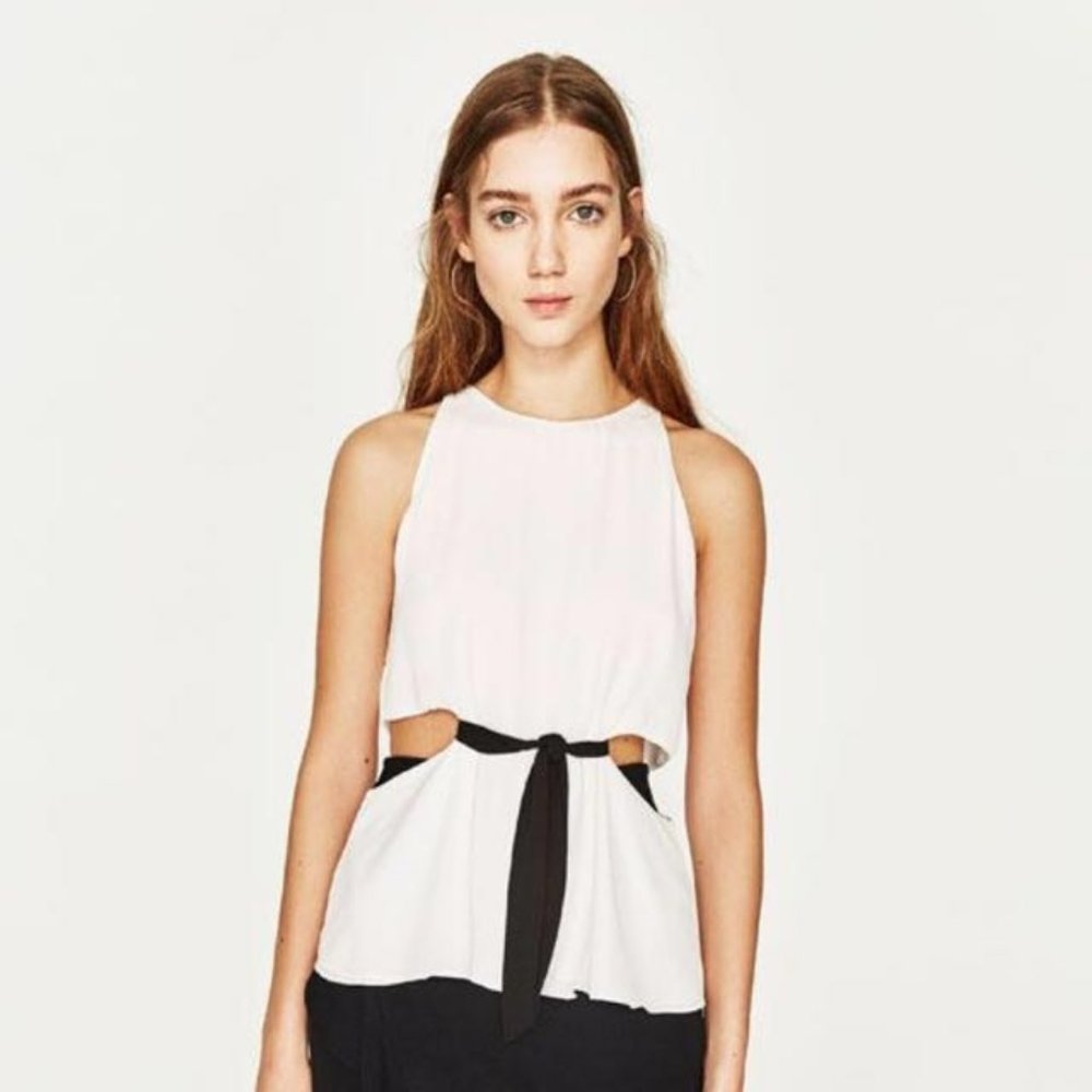 Zara White Black Cutout Top x/ Bow XS